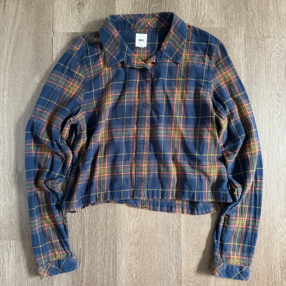 Vans Flannel Shirt Womens XL Navy Blue Orange Plaid Cropped Long Sleeve